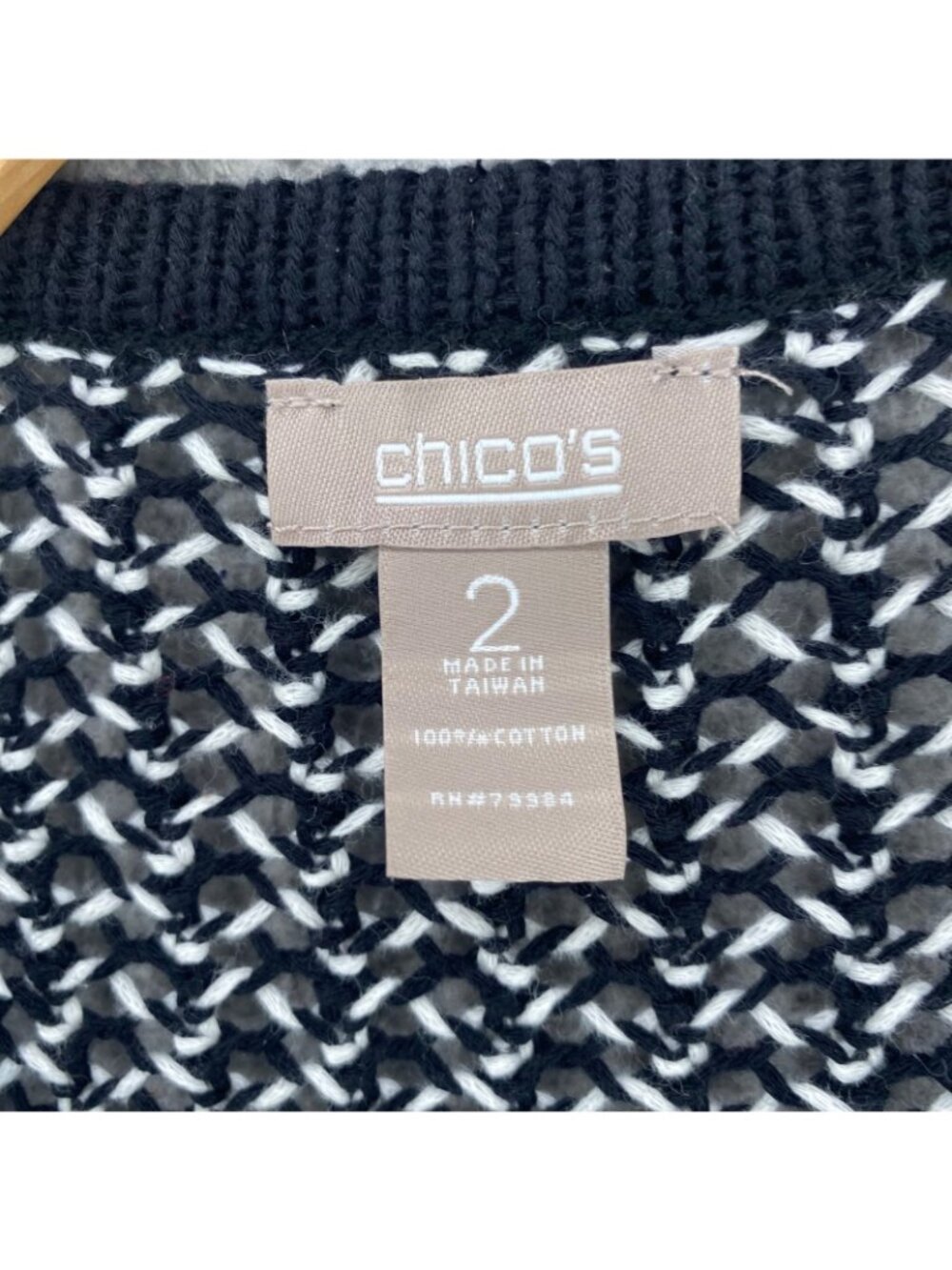 Chicos Sweater Women 2 US Large Black Stripes Open Knit 3/4 Sleeve Cotton Topper - Picture 6 of 10